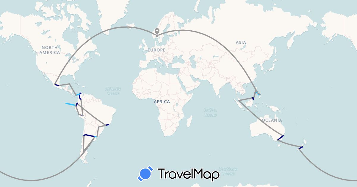 TravelMap itinerary: driving, plane, boat in Argentina, Australia, Brazil, Chile, Colombia, Ecuador, Mexico, Malaysia, Norway, New Zealand, Panama, Peru, Philippines, Uruguay (Asia, Europe, North America, Oceania, South America)